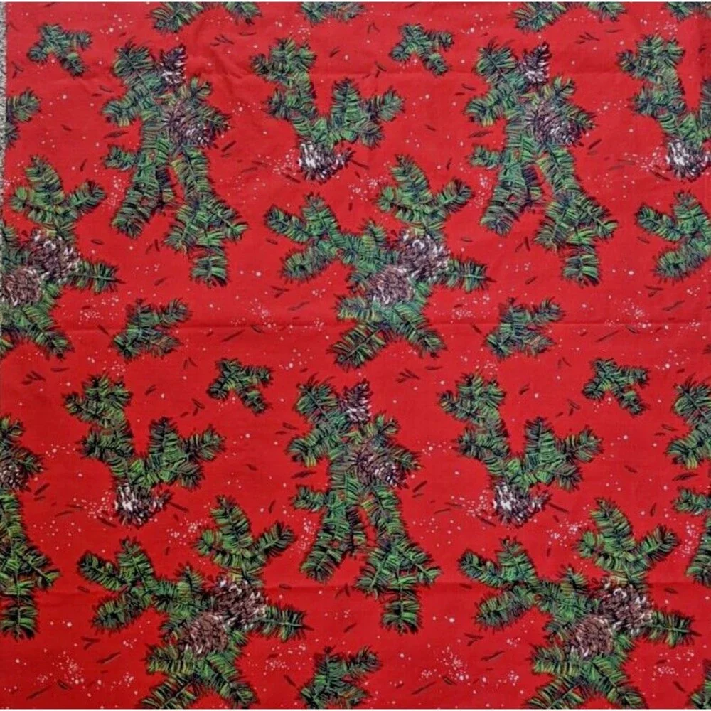 Vintage Mid Century Christmas Table Cloth Indian‎ Head Mills Fabric Snowy Pine